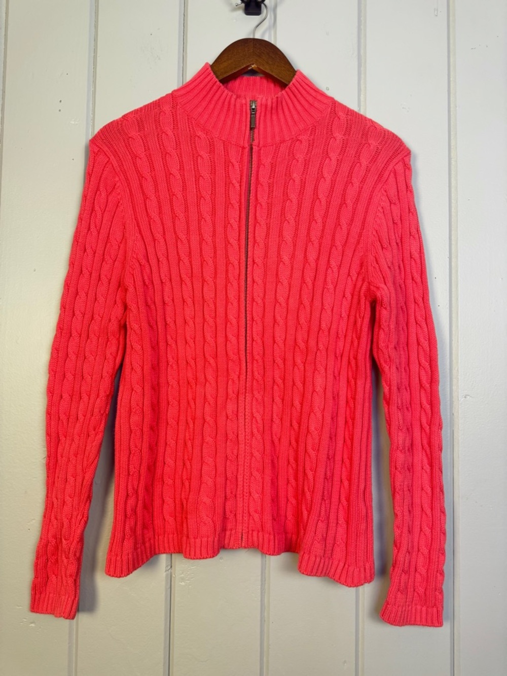 Women's L. L. Bean Coral Pink Cable Knit Cardigan Full Zip Size Large 243978